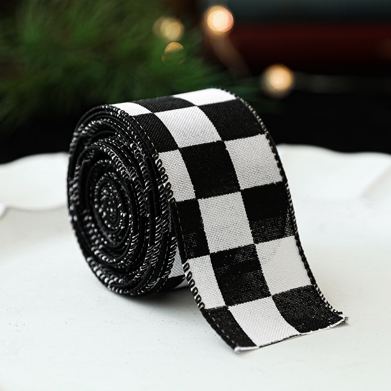 Cinta de lino sintético a cuadros blanco y negro para envolver regalos de Navidad, decoración de coronas navideñas, lazos, venta al por mayor