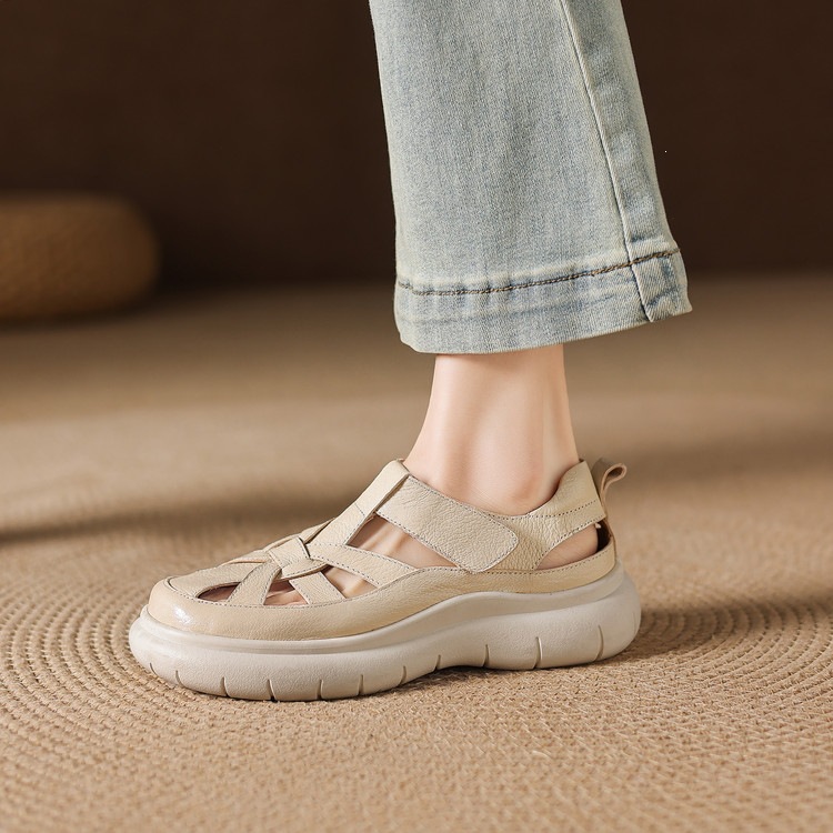 Sandal nữ đế dày da cừu phối quai ngang phong cách học đường — màu đen, màu trắng ngà chi tiết 66