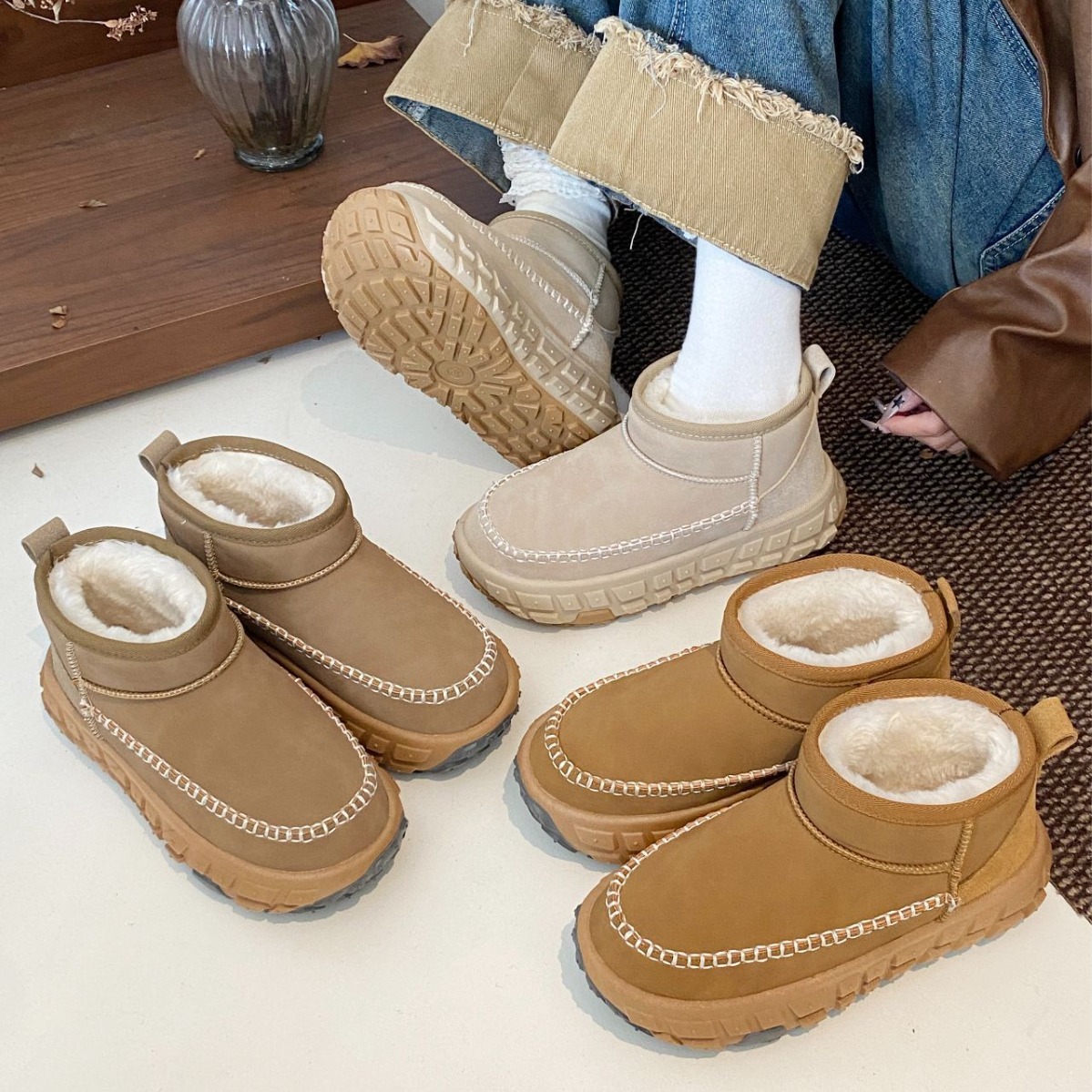 短筒雪地靴女轮胎底加绒保暖鞋2024年冬季防滑耐磨牛皮羊毛运动鞋