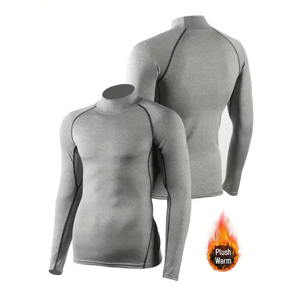 Men's fleece-lined thermal tights with half-high collar, quick-dry long-sleeve sports wear, suitable for skiing, cycling, and as a base layer in autumn and winter
