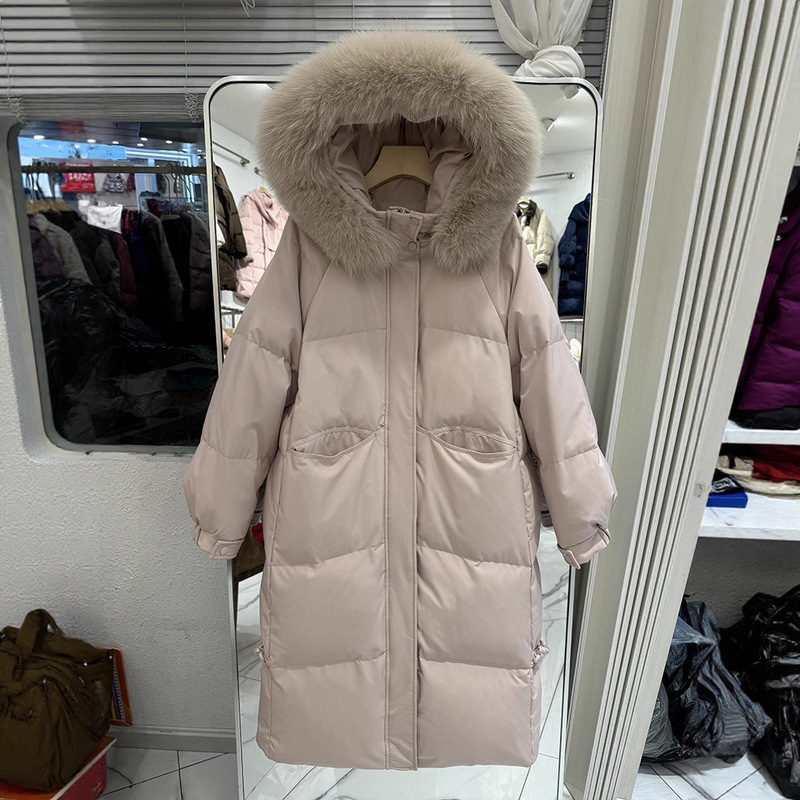 Women's Mid-Length down Jacket with Large Fur Collar, Over-The-Knee, 2025 Winter New Korean Style Loose White Duck down Thickened Coat