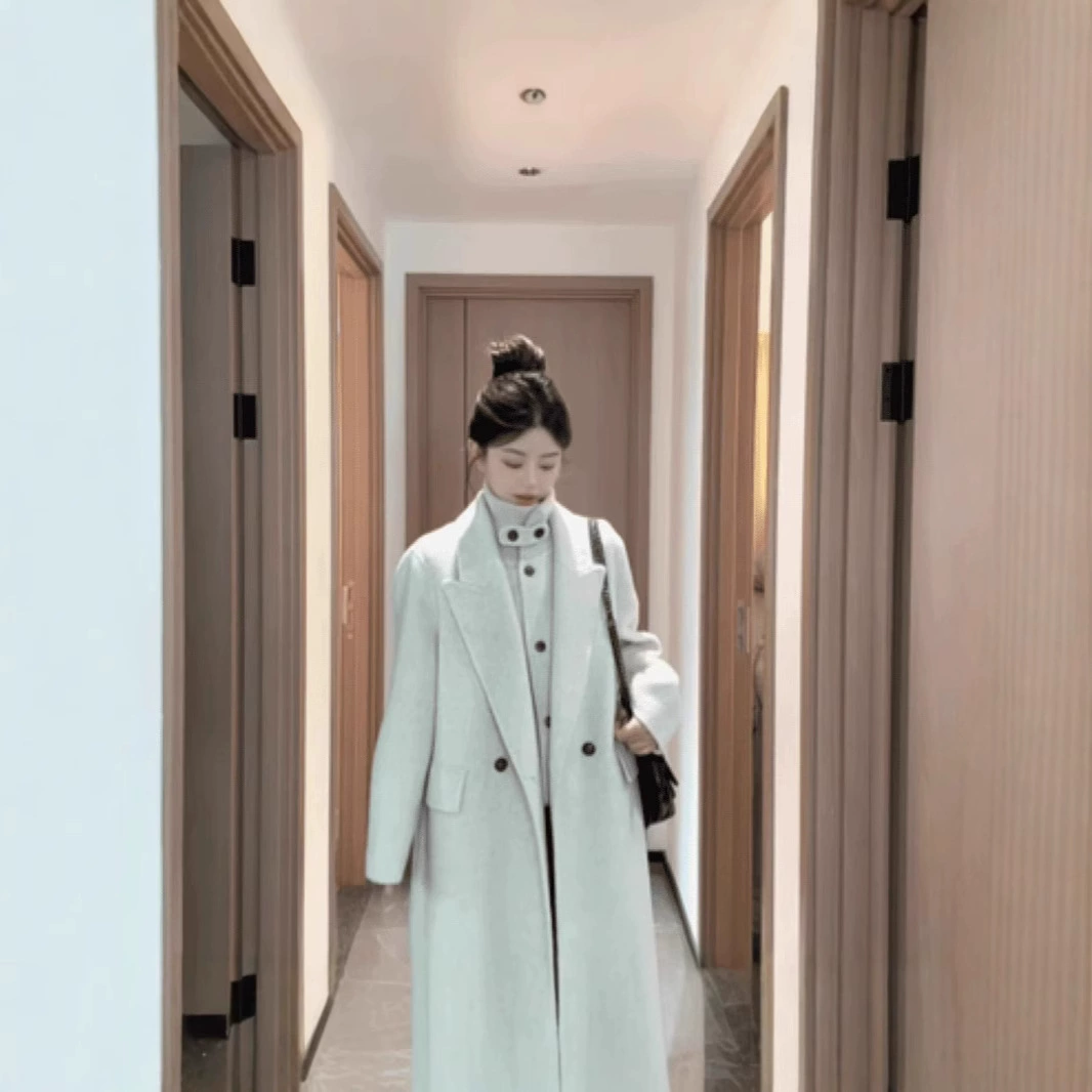 Женский двусторонний шерстяной жакет 2025 года, комплект из двух предметов: средней длины, с ребристой водолазкой, универсальная шерстяная куртка.