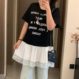 子元2026夏季新款大码女装胖妹妹200斤花边拼接圆领短袖T恤W-296