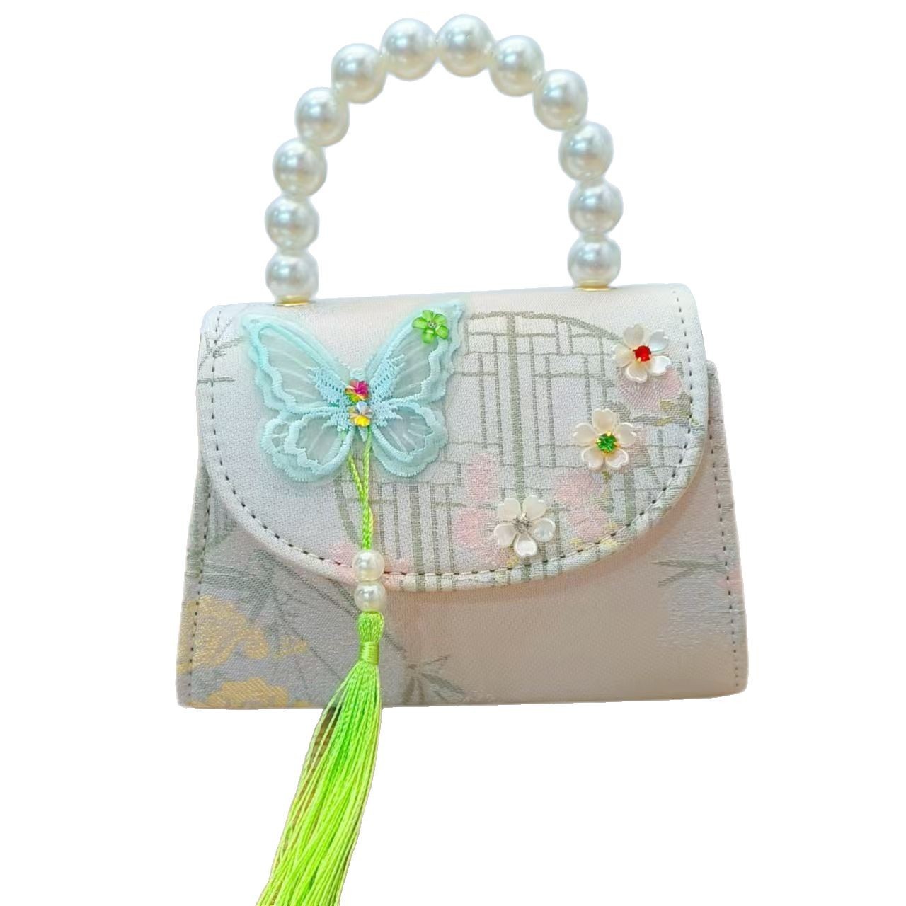 Bolso de princesa con lazo de estilo chino, bolso de hombro con borla de perlas, regalo del día del niño para niñas, bolso de accesorios Hanfu