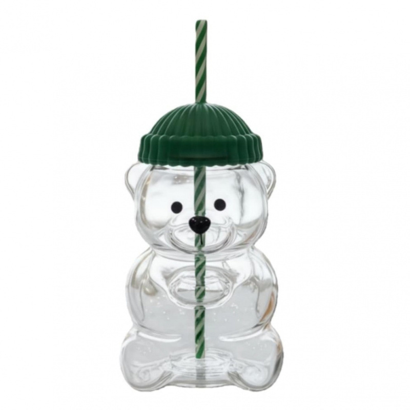 Taza de oso tipo oso con paja 590ml taza de agua creativa de dibujos animados al por mayor de alta borosilicina de vidrio cubierta de hielo