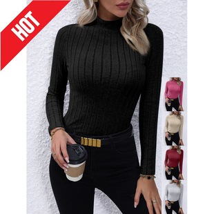 Fashion small shirt for women 2024 autumn new cross-border foreign trade European and American Amazon long sleeve solid color mid collar knitted top