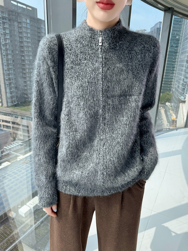 2025 New Autumn and Winter Pure Mink Velvet Floral Yarn Half Turtleneck Knitted Cardigan Zipper Soft Waxy Warm Top Jacket for Women