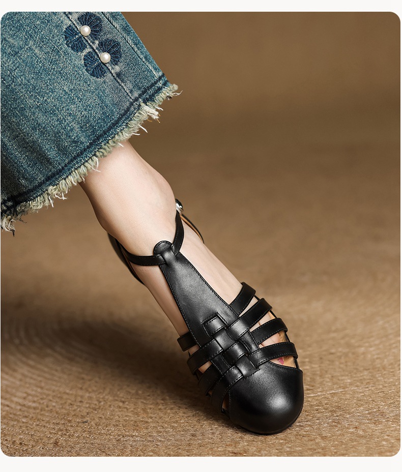 Sandal nữ mũi nhọn da bò quai chữ T gót thấp phong cách La Mã — nâu chi tiết 14