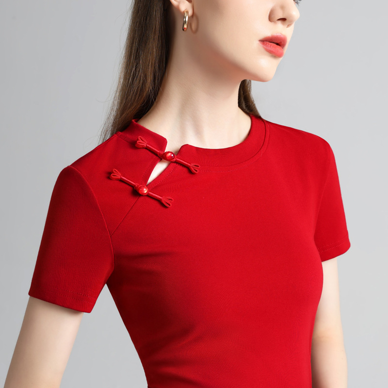 Nueva chaqueta de botón de estilo chino alta sensación de ropa de mujer 2024 nuevo estilo nacional ligero retró movimiento Centili rojo camiseta de manga corta mujer image 6