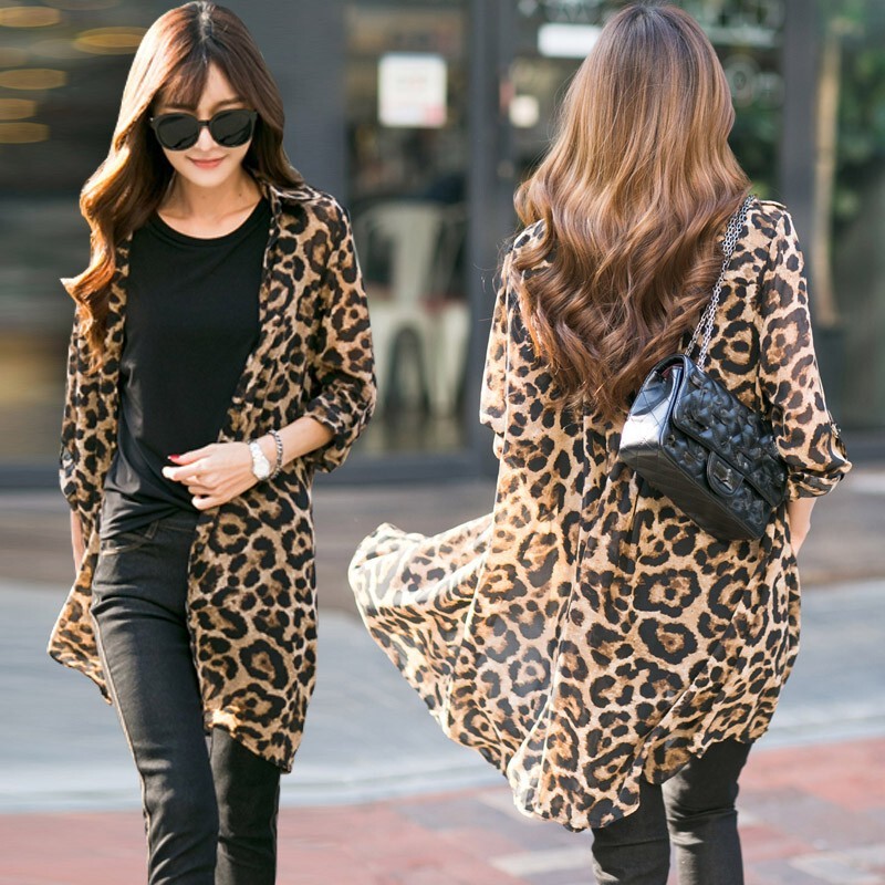 Chiffon Leopard Print Sun Protection Clothing Women's Shawl Jacket Mid-Length Loose Outer Shirt Collar Long-Sleeved Thin Air-Conditioned Shirt