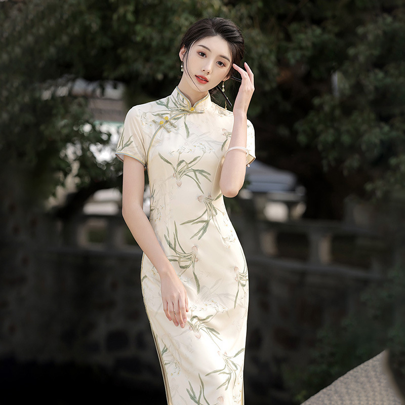New Chinese-style Elegant Improved Cheongsam Dress For Women, Summer New Design With Buttons, Slit, And Printed Pattern_ecoleips.com