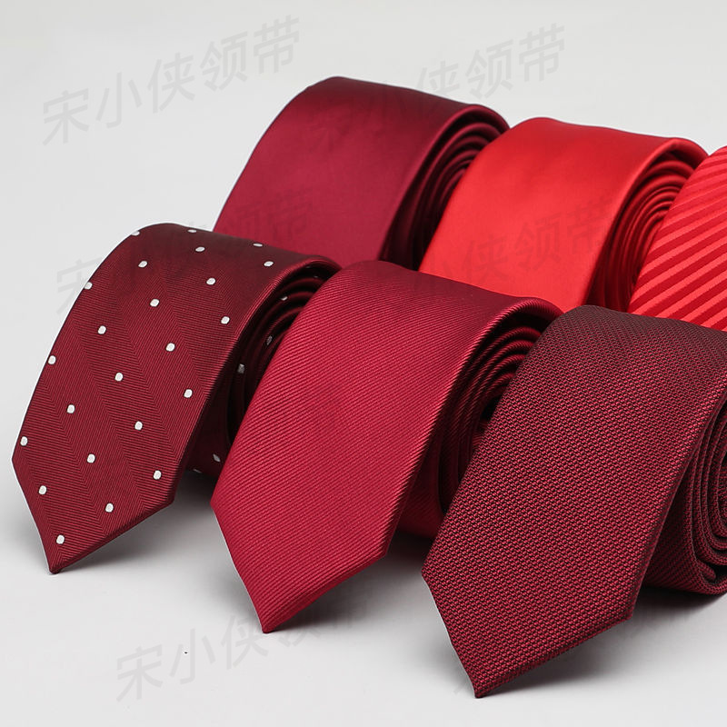 Korean Style Wedding Tie for Men, Burgundy Groom's Wedding Suit Shirt, Men's Formal Style, Hand-Tied, Thin and Narrow Style