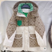 冬季新款英伦风字母撞色拼接中长款羽绒服女潮牌抽绳收腰加厚