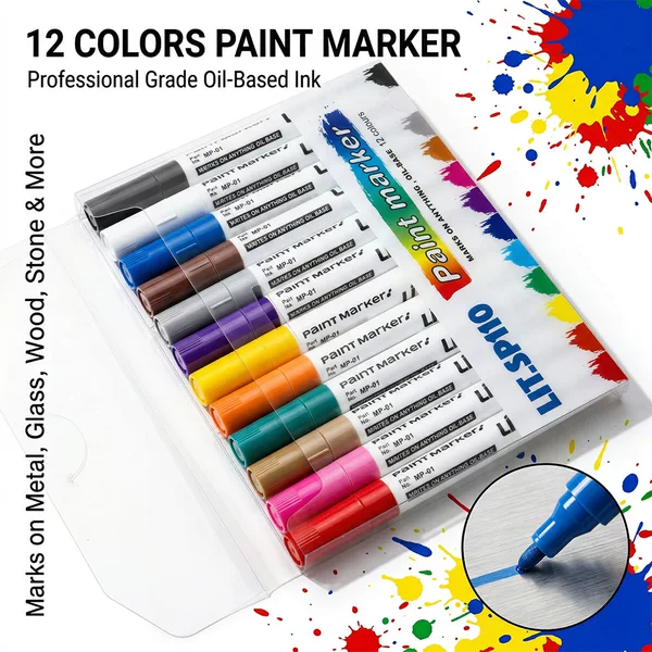 12-Color Paint Pens, Waterproof and Non-Fading, Oil-Based Markers, Car Touch-Up Pens, Plastic and Glass Marking Pens