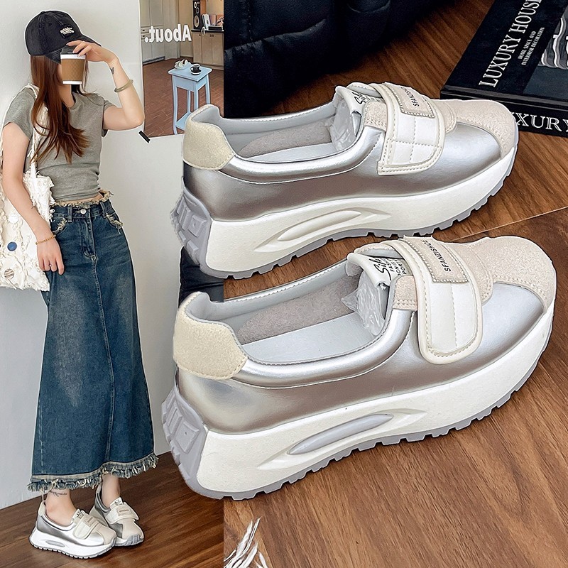 Zapatos de mujer con suela gruesa para aumentar la altura, novedad de primavera 2026, transpirables, con velcro, deportivos, de tacón alto, casuales y versátiles.