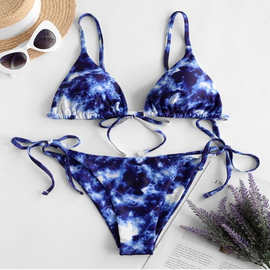 欧美跨境新款渲染印花比基尼双面多色分体绑带印花女士泳衣bikini