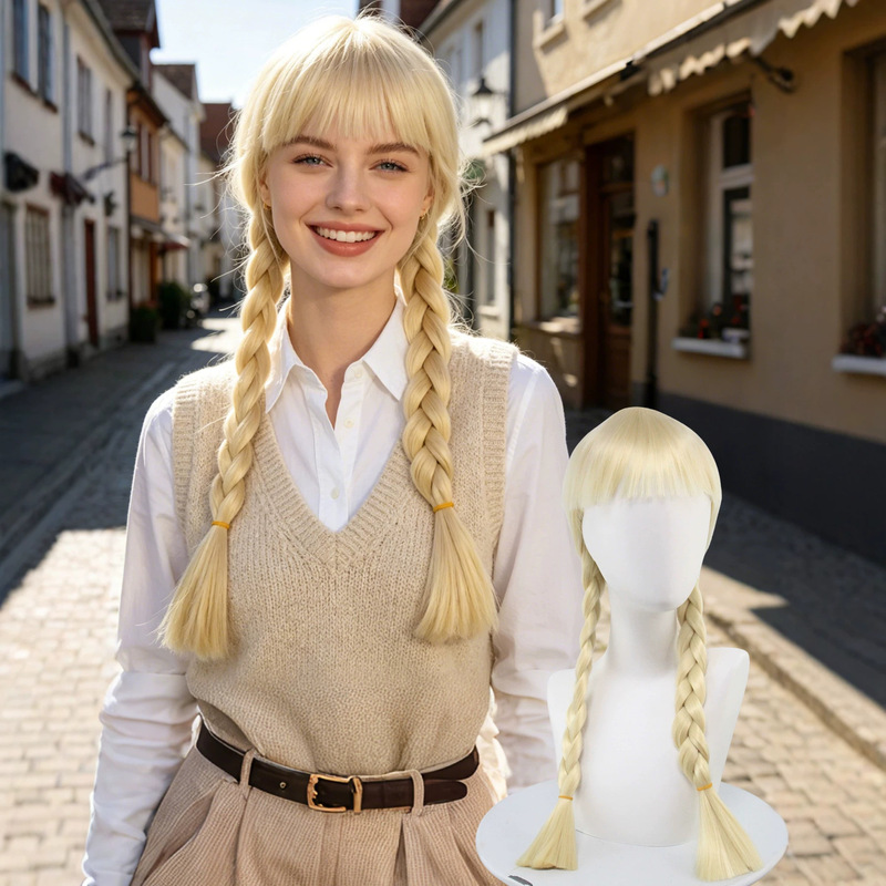 Light Golden Bangs with a Youthful Look, Double Braided Wig, No-Maintenance Braided Hairstyle, Perfect for Cosplay and Party Looks