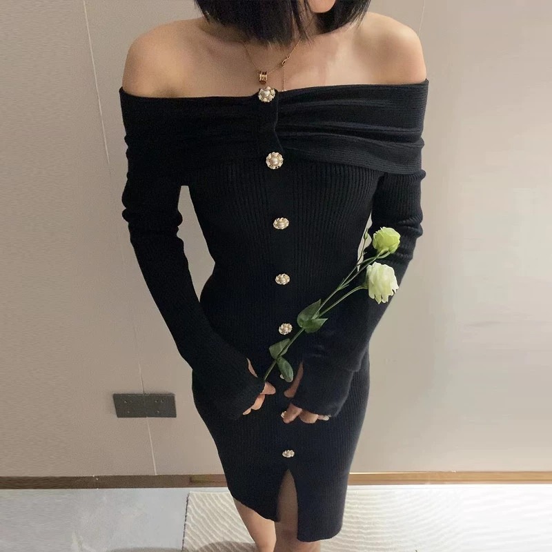 欧美性感一字肩单排扣针织修身包臀开叉长裙女长袖连衣裙潮定 制