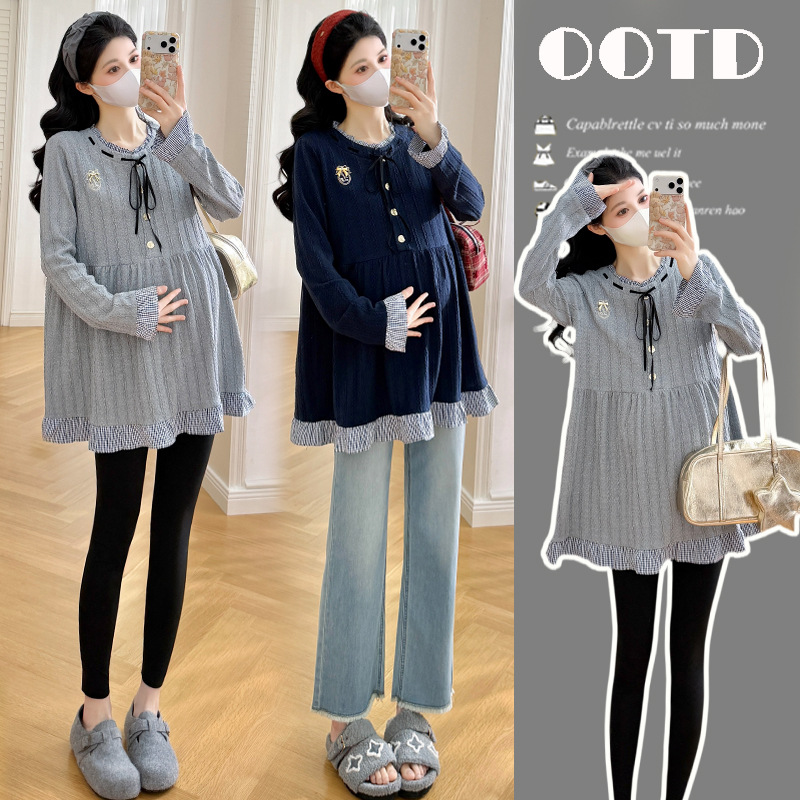 Stylish maternity outfit for autumn 2026: new long-sleeved knit top for pregnant women, perfect for wearing as outerwear, and suitable for petite figures