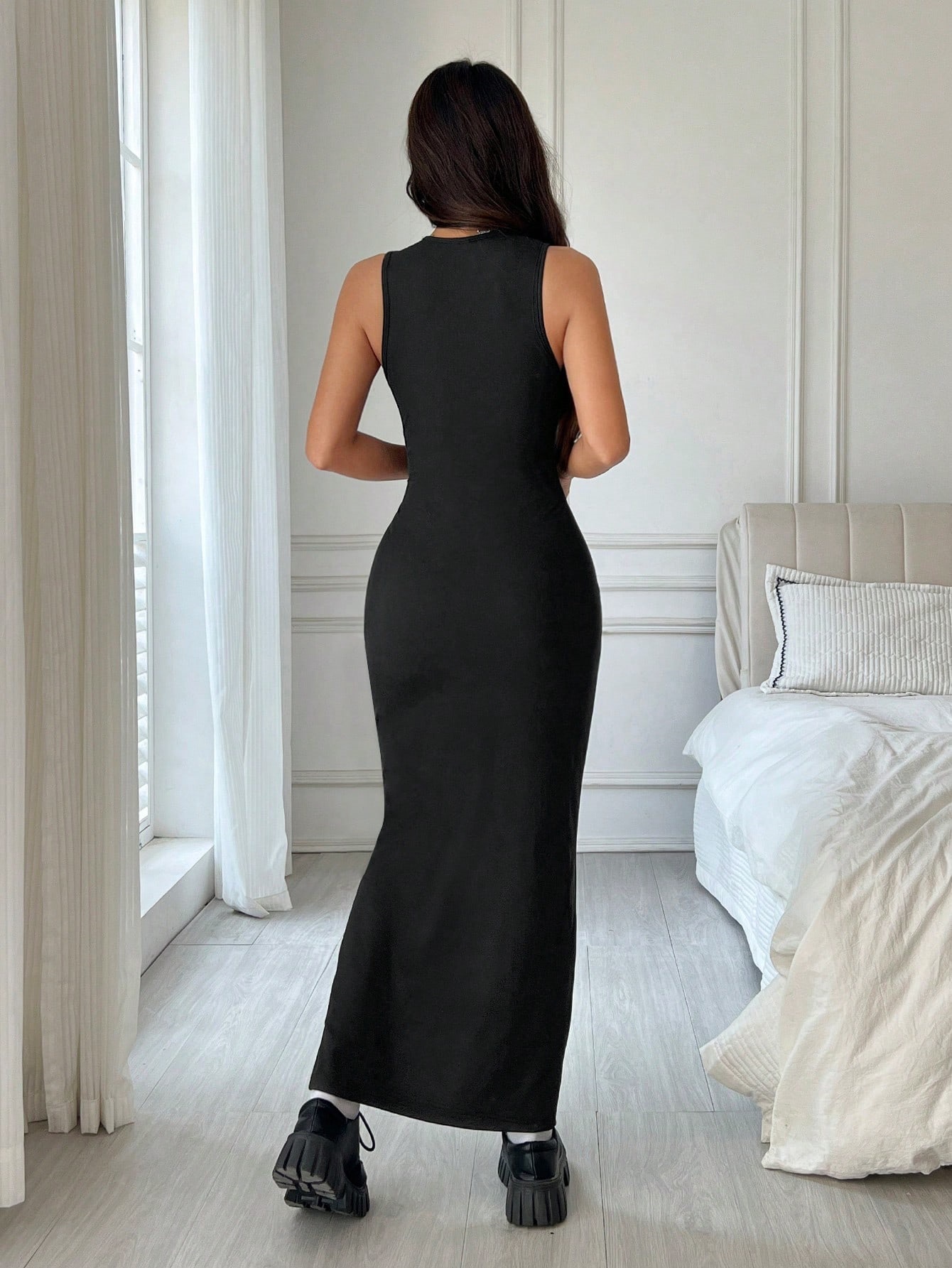 Women Clothing Spring Summer Simple Sexy Dress round Neck Sleeveless Slim Fit Maxi Dress