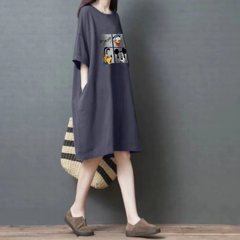 Plus Size 150kg Loose Slimming Dress New Round Neck Mid-Length Pocket Short Sleeve T-Shirt Pajamas for Women Plus Size 150kg Loose Slimming Dress New Round Neck Mid-Length Pocket Short Sleeve T-Shirt Pajamas for Women