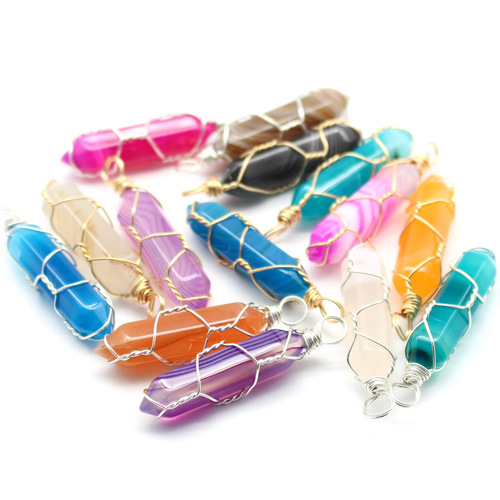 Foreign trade wire-wound hexagonal column pendant natural stone crystal necklace hand-wound bullet head jewelry wholesale