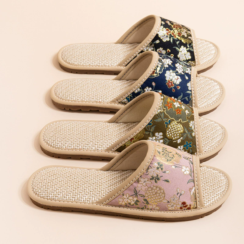 Льняные тапочки дамы интерьерный дом 2024 лето новый стиль нескользящей бруса с вышивкой в китайском стиле