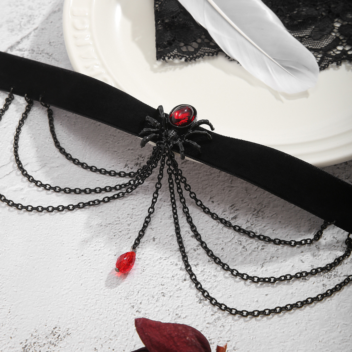 Halloween Blutfarbener Edelstein Choker Damen Halskette Persönlichkeit Blutstropfen Blutspinne Punk Halsband_voghion.com