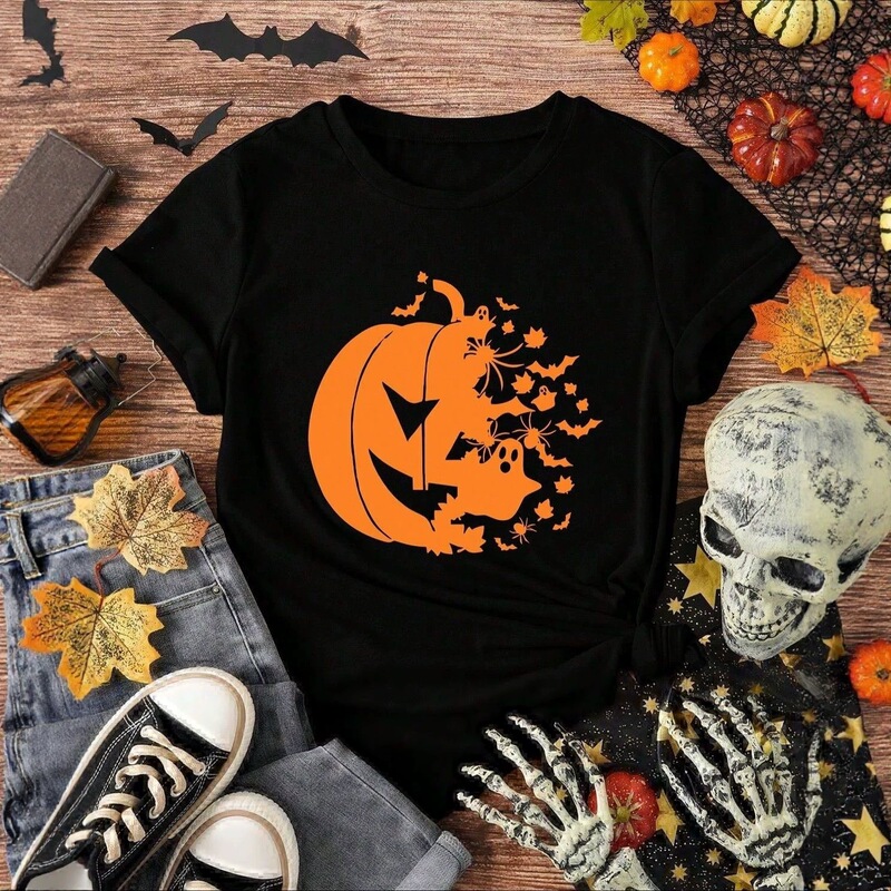 Halloween-themed pattern print fashion casual short-sleeve T-shirt, round-neck women's T-shirt, comfortable and breathable women's top