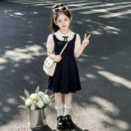 女童夏季甜美连衣裙中大童短袖娃娃领假两件裙子时尚学院风公主裙