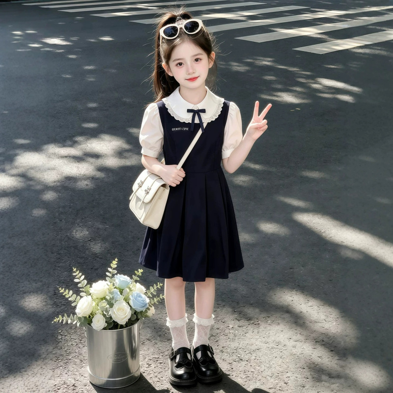 Girls' Summer Sweet Dress, Short-Sleeved Doll Collar Fake Two-Piece Dress for Older Children, Fashionable College-Style Princess Dress Girls' Summer Sweet Dress, Short-Sleeved Doll Collar Fake Two-Piece Dress for Older Children, Fashionable College-Style Princess Dress