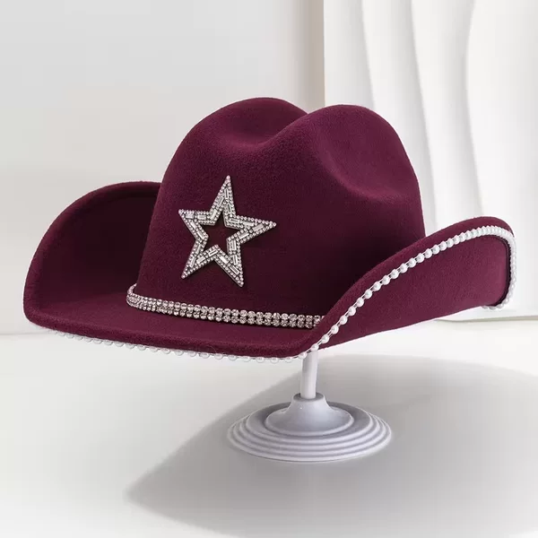 Cross-Border New Rhinestone Star Western Cowboy Hat Fashionable Versatile Hat Autumn and Winter Women's Party Performance Jazz Hat