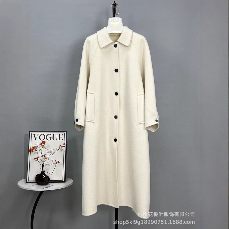 Autumn and Winter New Double-Sided Wool Cashmere Coat, Extra-Long Doll Collar Single-Breasted Lace-Up Loose Coat