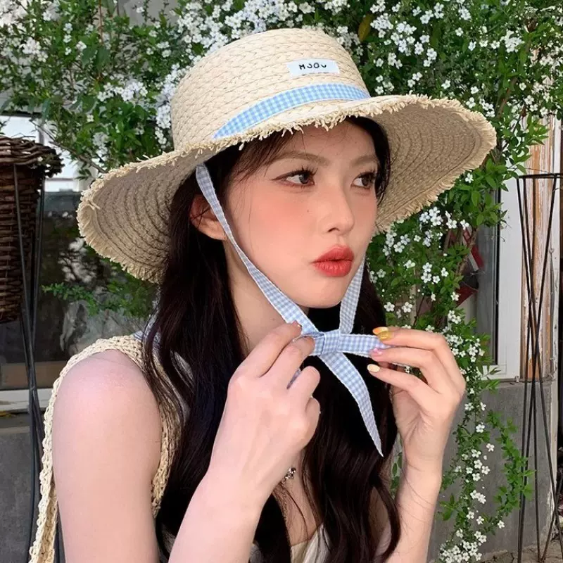 2025新款大檐织带平顶遮阳草帽海边度假草帽ins甜美夏季小清新女