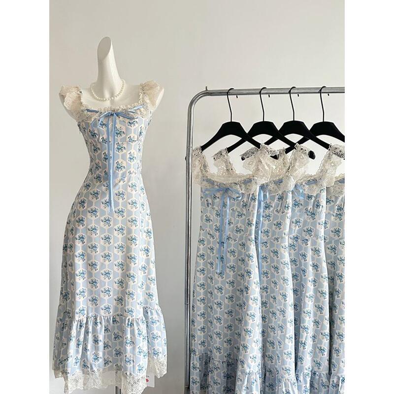Summer Sweet and Gentle Style Layered Blue Sweater Cardigan Design Casual Style Floral Suspender Dress