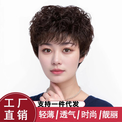 【四季軽薄金】真髪全頭カバー女性用短巻き髪中高年の実髪減齢ママかつら