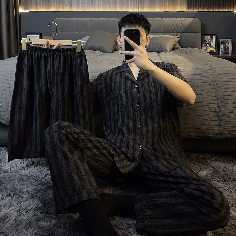 Pijama a rayas para hombres primavera y otoño verano hielo manga corta pantalones largos de tres piezas set de seda real ropa delgada suelta para el hogar