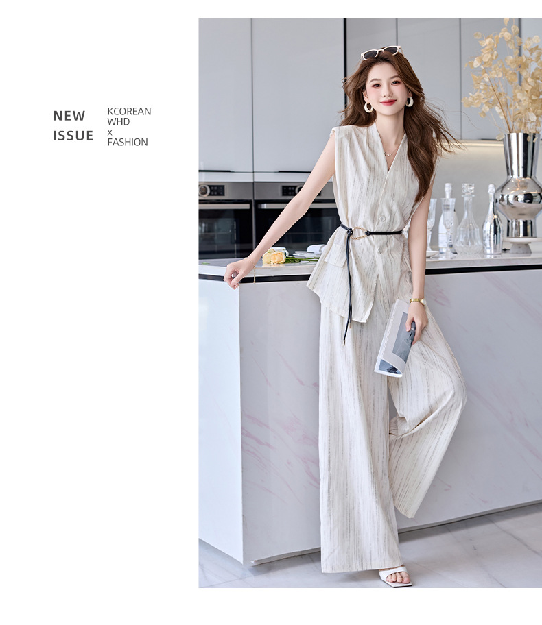 Bộ vest nữ không tay quần ống rộng cao cấp mùa hè 2025 – Áo khoác vest không tay kết hợp quần ống rộng hai mảnh HR1170 — Màu đen, Màu trắng be chi tiết 16