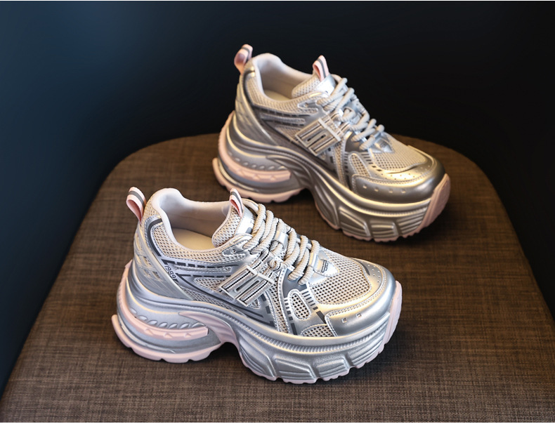 Giày sneaker chunky nữ đế dày tăng chiều cao lưới thoáng khí — Màu hồng chi tiết 4