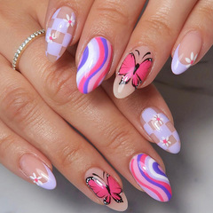 Sweetheart Checkerboard Design with Adorable Butterfly Stripes and Sunflower Motifs—Ready-to-Wear Fake Nails Wholesale, Ideal for Export Markets