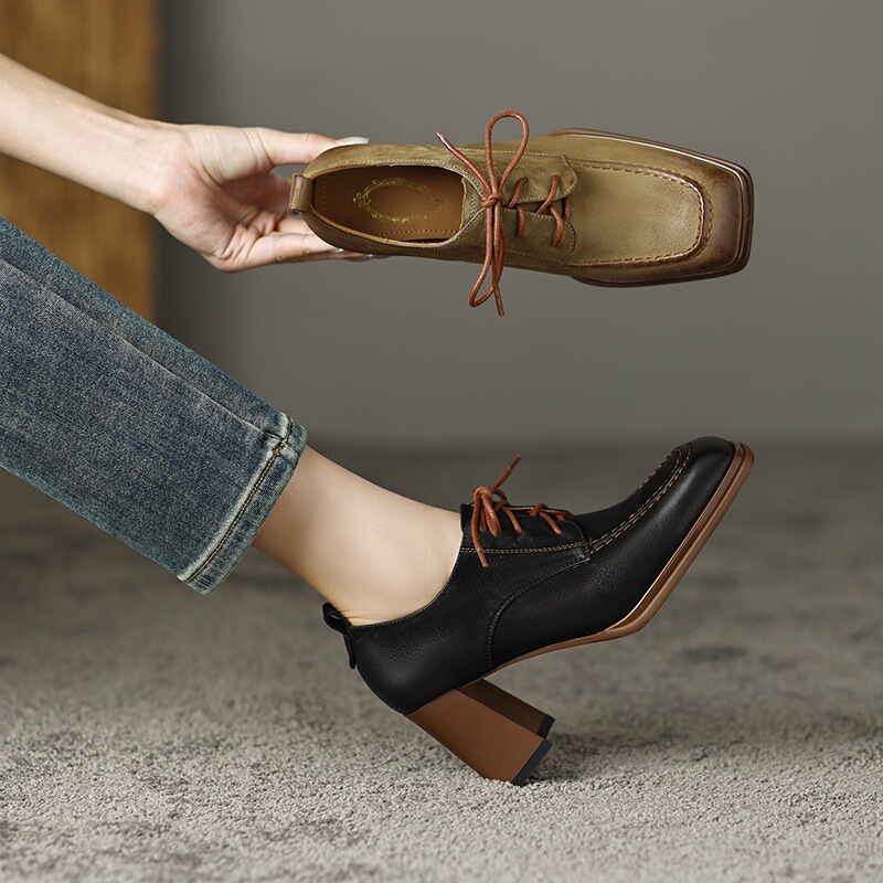 2024 Spring New Style Genuine Leather Thick Heel Black British Style Small Leather Shoes Women's High Heels Retro Square Toe Polished Lace-Up Shoes 2024 Spring New Style Genuine Leather Thick Heel Black British Style Small Leather Shoes Women's High Heels Retro Square Toe Polished Lace-Up Shoes