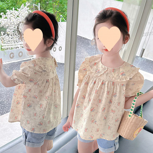 Girls Short-Sleeved Shirt Summer Wear 2025 New Korean Style Kidsren's Cotton Tops Medium and Large Kidsren's Doll Collar Pullover Trendy