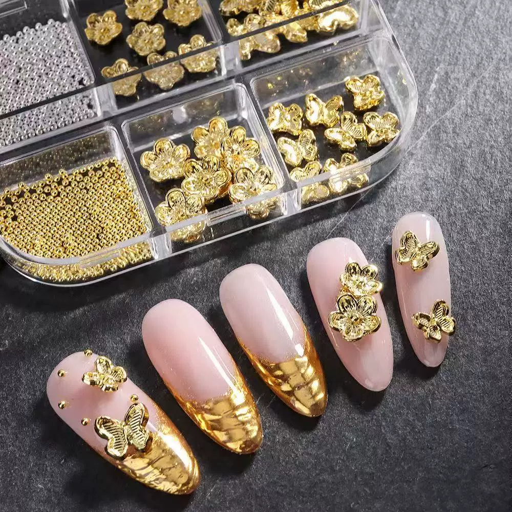 新款富贵黄金花合金美甲饰品轻奢风复古大小号金蝴蝶指甲装饰配饰