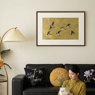 《鎏金燕语》客厅沙发背景墙装饰画法式中古风玄关卧室高级感挂画