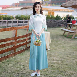 中国风改良汉服中式旗袍唐装上衣茶服女春夏足浴养生馆采耳工作服