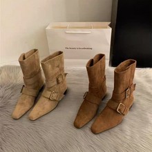 2025韩版新款小众设计复古法式短靴小尖头西部靴麂皮中筒靴女靴子