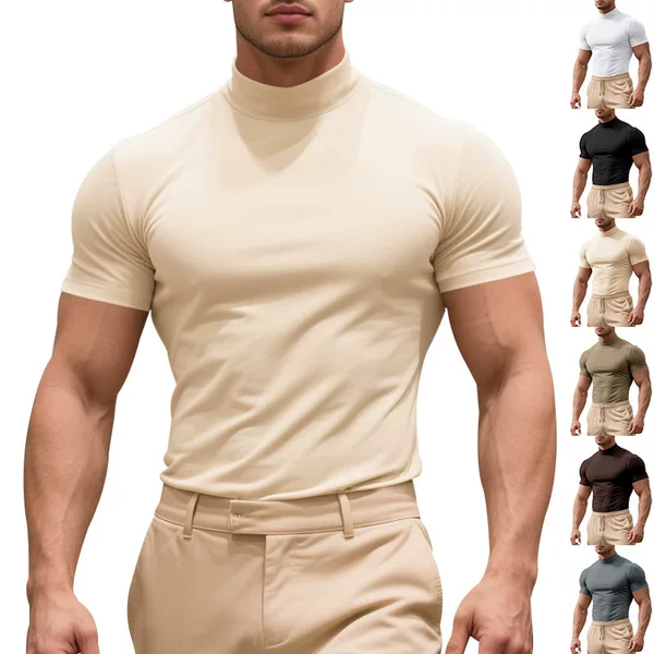 Cross-border AliExpress Summer New Men's Casual T-shirt European and American Fashion Half-high Neck Slim Solid Color Base Shirt Trendy