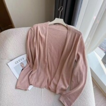 豆子春季简约无扣披肩针织衫百搭纯色外套卡其色黄色粉色米杏色