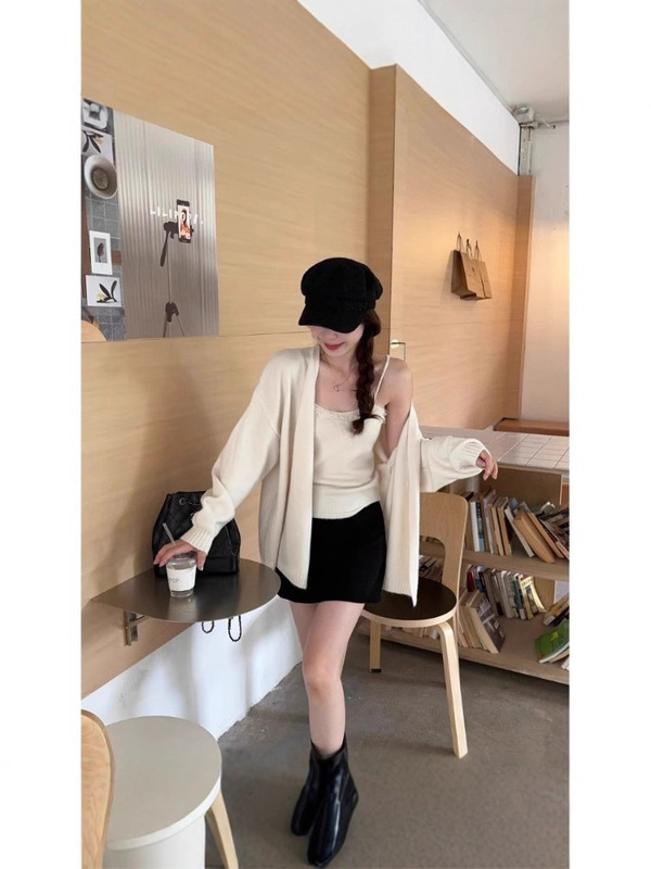 韩风蕾丝拼接针织吊带背心中长款毛衣开衫套装女秋冬慵懒风两件套|undefined