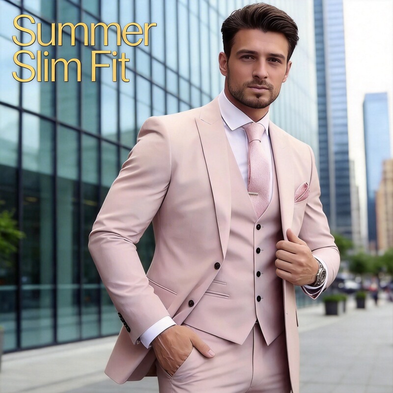 Men's High-End Three-Piece Suit Set, Lightweight Summer Style, European and American Sizes, Suitable for Business, Banquets, and Hosts, Slim-Fit Suit